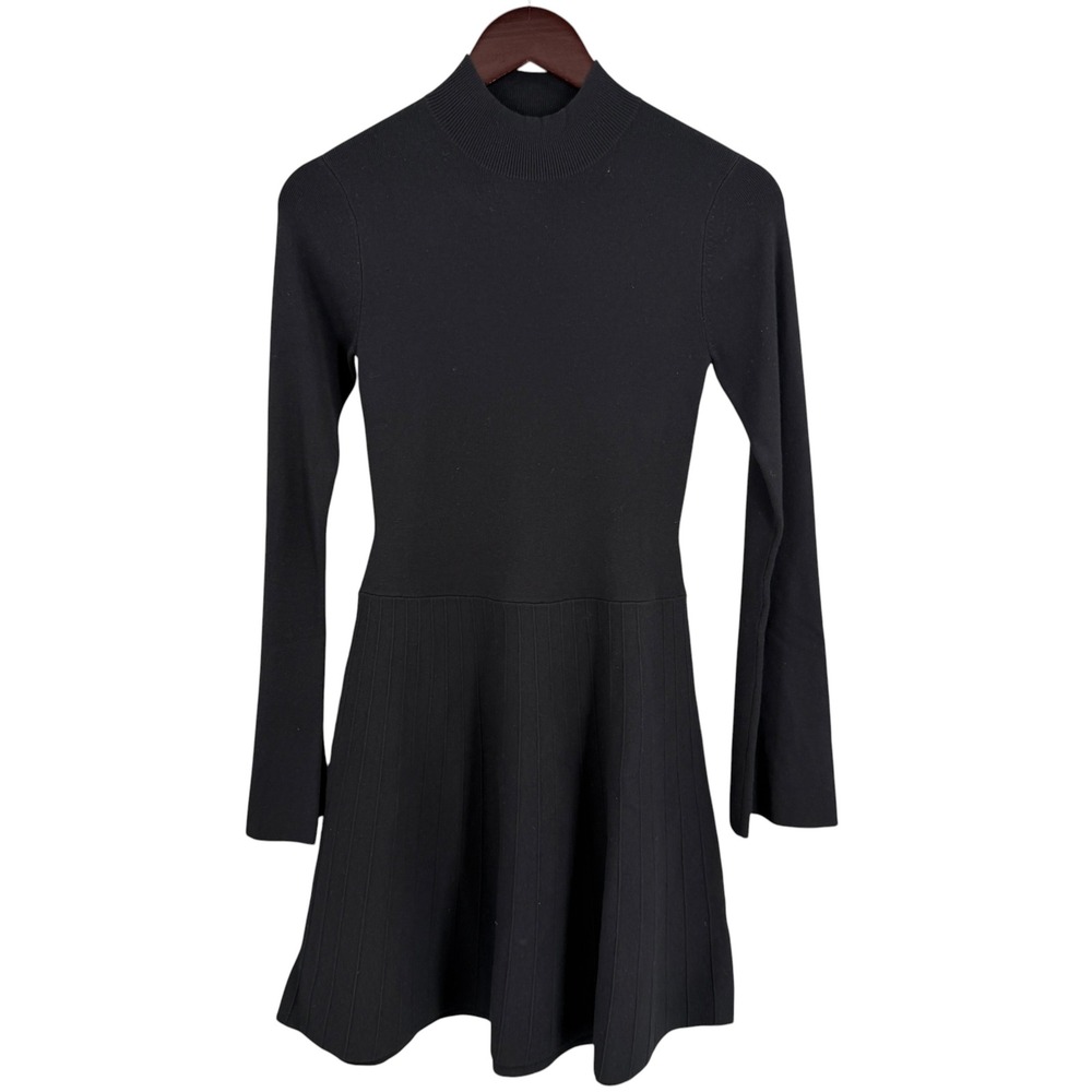 Open Edit Fit and Flare Dress Size XS Black Mock Neck Long Sleeve Ribbed Knit